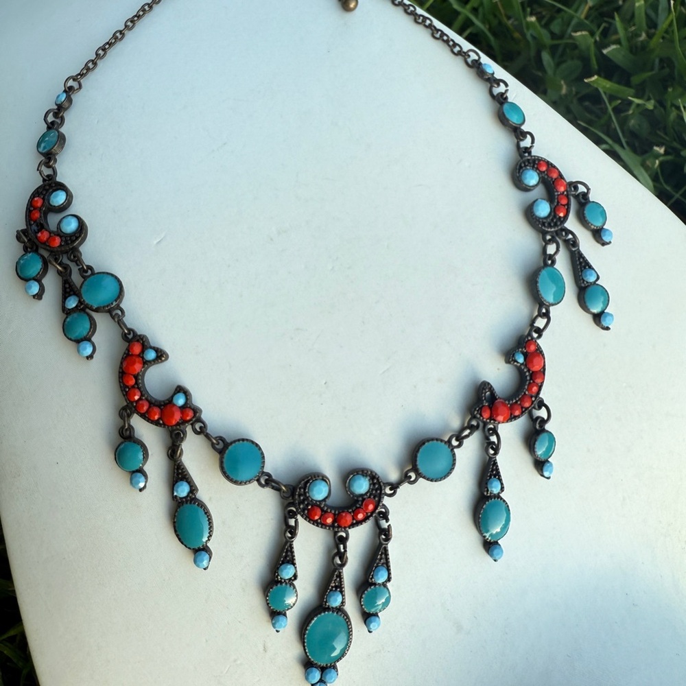 Turquoise and Coral Statement Bib Necklace